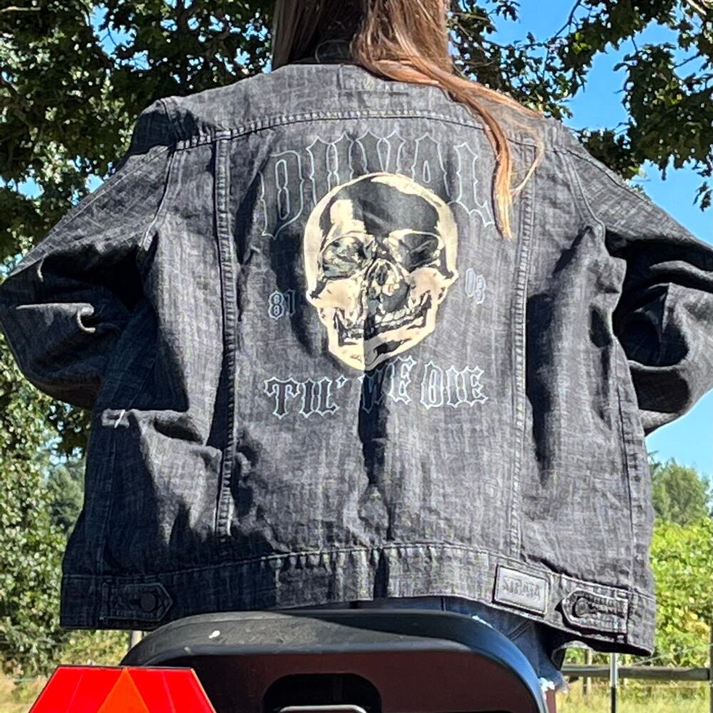 Strata Duval Til We Die Denim Jacket Mens Black Heathered Skull Logo Size 2XL